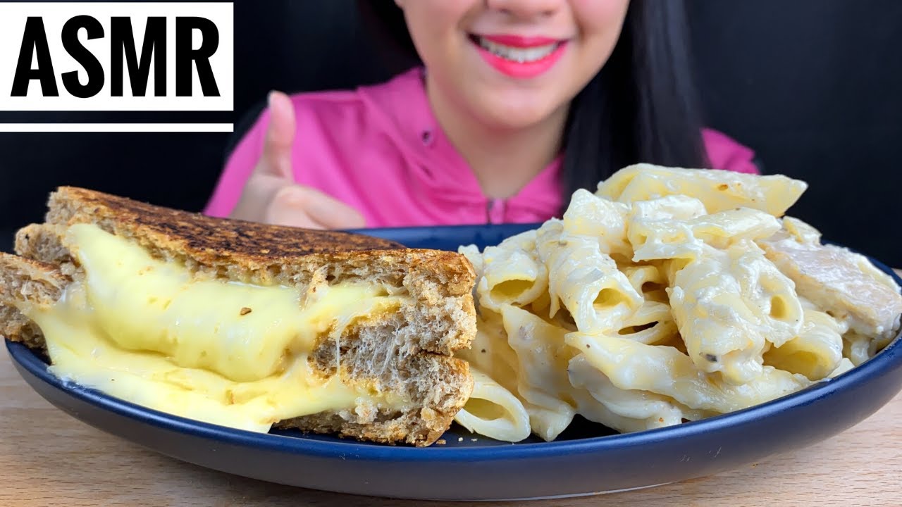 ASMR CHICKEN ALFREDO PENNE WITH TOASTED CHEESY SANDWICH (EATING SOUNDS) NO TALKING | VEE ASMR