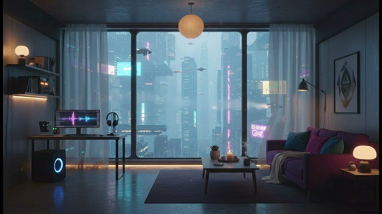 4K Cozy Lo-Fi Cyberpunk Apartment Night Skyline Ambience