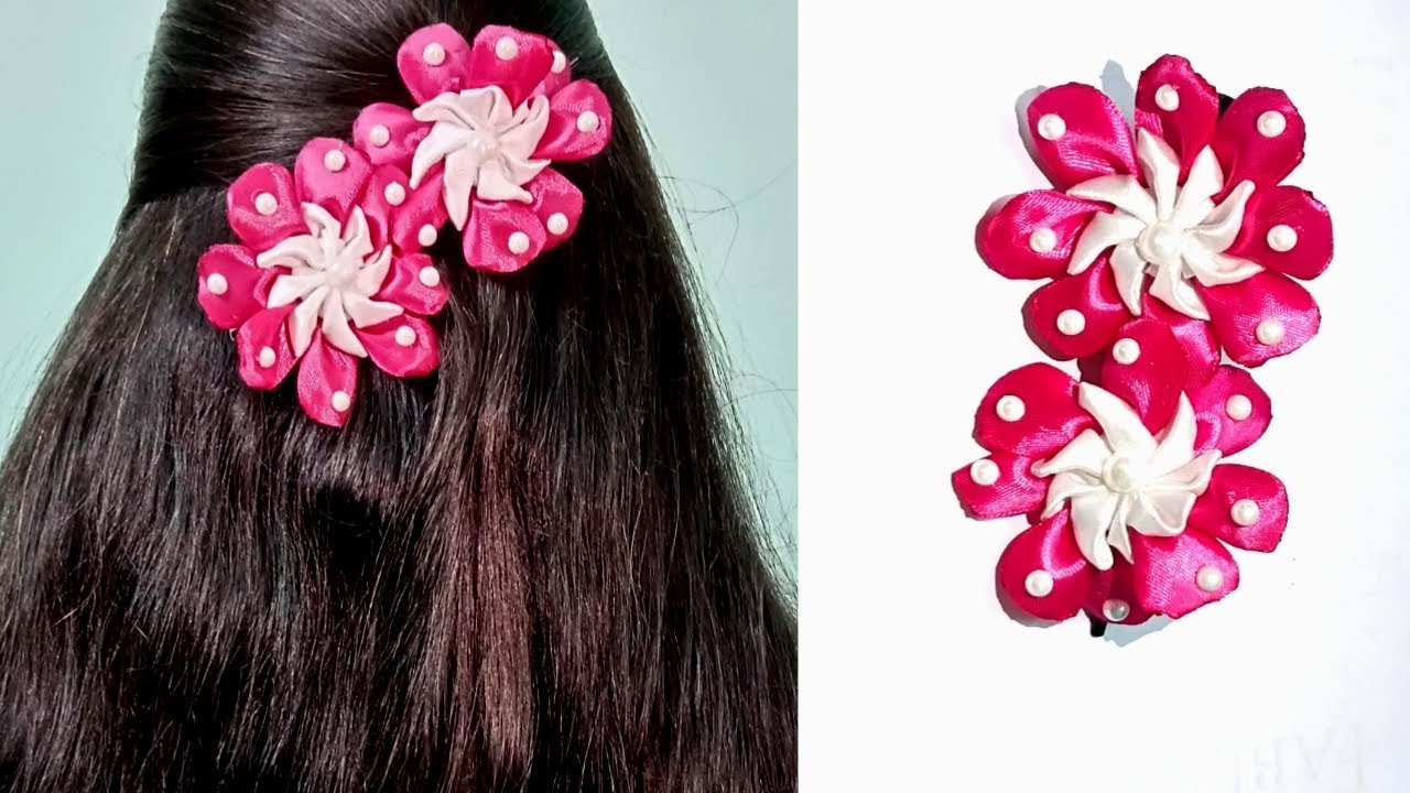 Satin ribbon hair accessories making at home / how to make satin ribbon