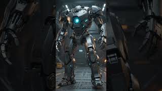 Futuristic mechanical transforming robot folding from a compact spherical pod into a humanoid roboti