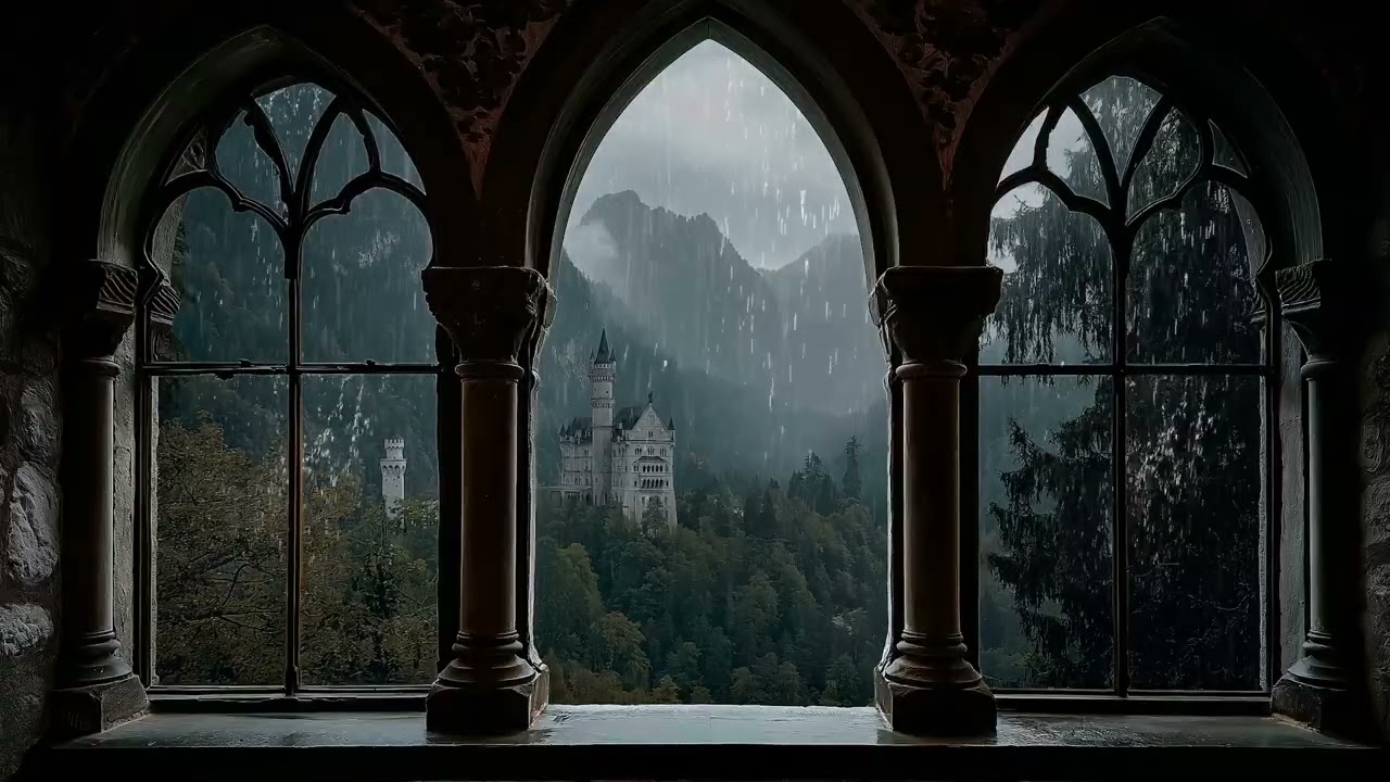 Cat Glass | Stormy Rain Outside a Medieval Castle Window POV – Deep Thunder & Heavy Rainfall