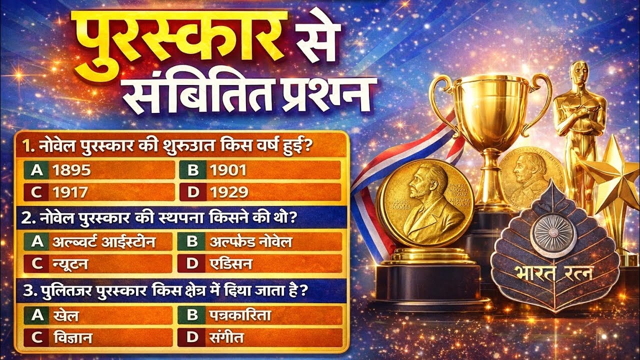 पुरस्कार से संबंधित महत्वपूर्ण प्रश्न | Awards GK MCQ | सभी परीक्षाओं के लिए महत्वपूर्ण GK 2026 | 