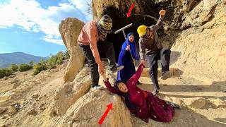Kidnapping of homeless mother building winter cave wall