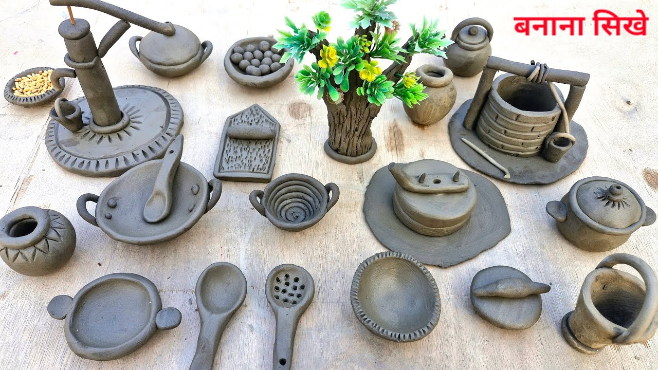 Mitti ke kitchen set bartan/diy how to make polymer clay miniature kitchen set installation/handpump
