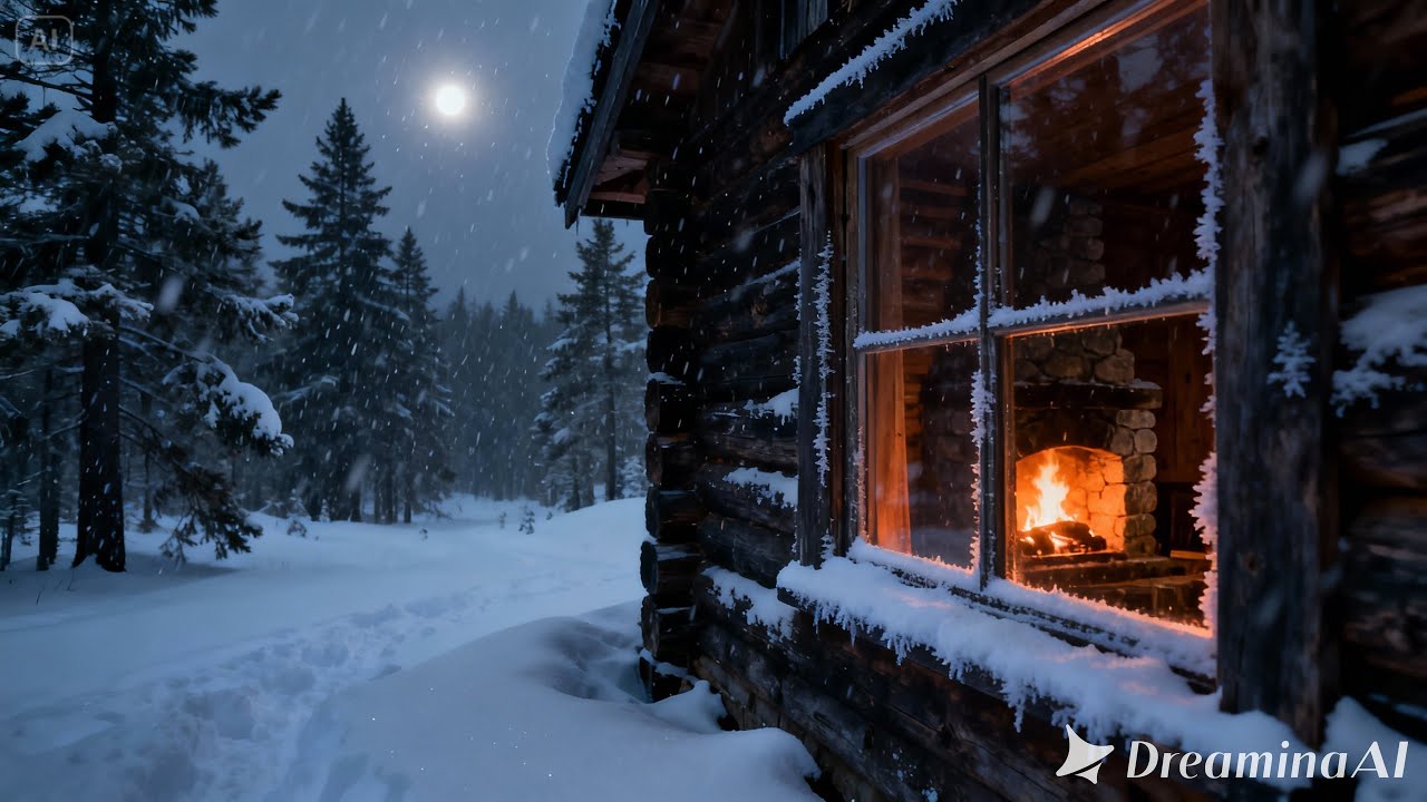 Falling Snow and Fireplace Sounds ❄️ Winter Cabin Ambience for Calm and Peace Relaxing Ambience