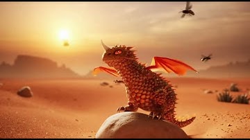 Tiny Epic Adventure of Tiny Dragon Scale Cub in a glowing desert under twin suns