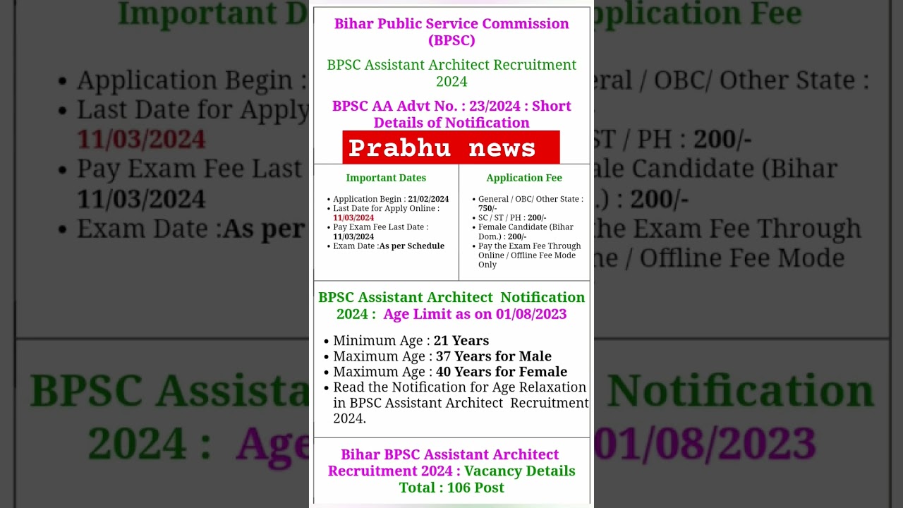 Bihar BPSC Assistant Architect Recruitment 2024 Apply Online for 106 Post