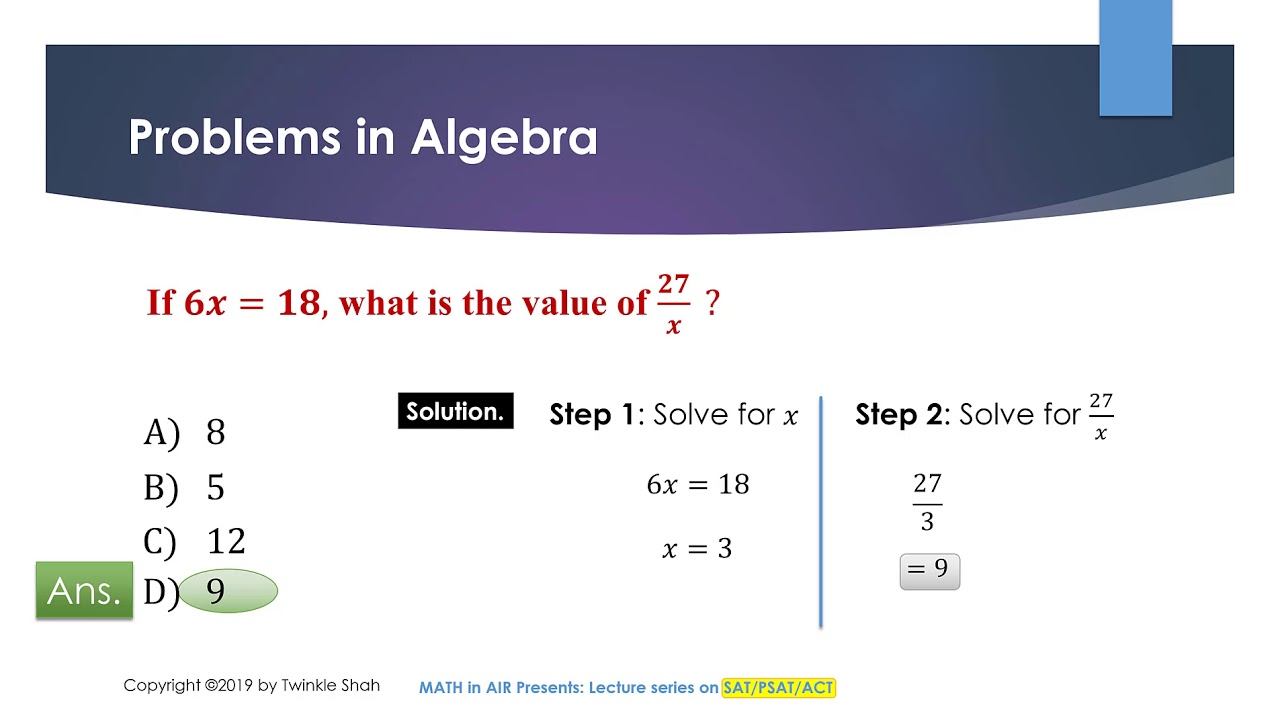 SAT | PSAT | ACT Exam Prep 2019 | Algebra Problems | Lecture 1 | part 2