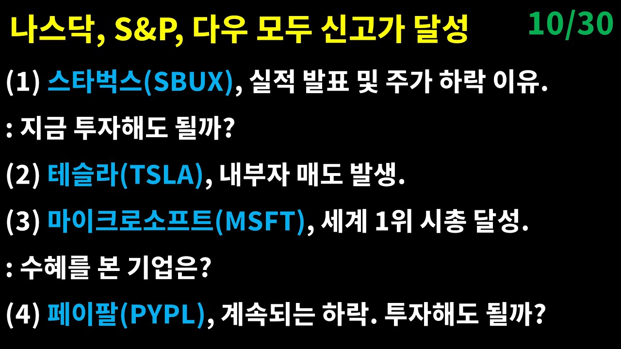 스타벅스(SBUX),페이팔(PYPL) 계속 되는 주가 하락. 지금 투자해도 될까? /테슬라(TSLA), 내부자 매도 발생  /마이크로소프트(MSFT), 세계 1위 시총 달성