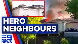 Hero neighbours save family from burning house | 9 News Australia