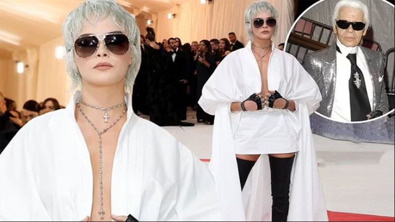Cara Delevingne pays tribute to Karl Lagerfeld in silver wig and white caped shirt-dress at Met Gala