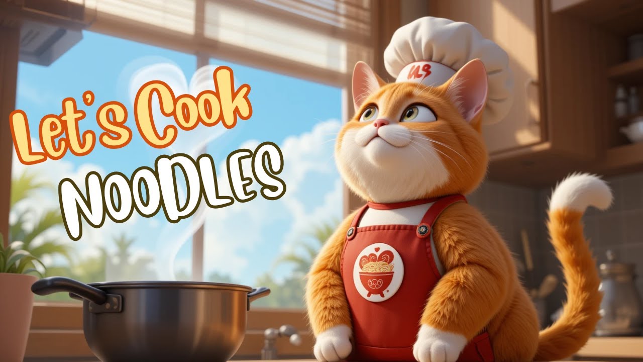 A Cat Cooking Noodles