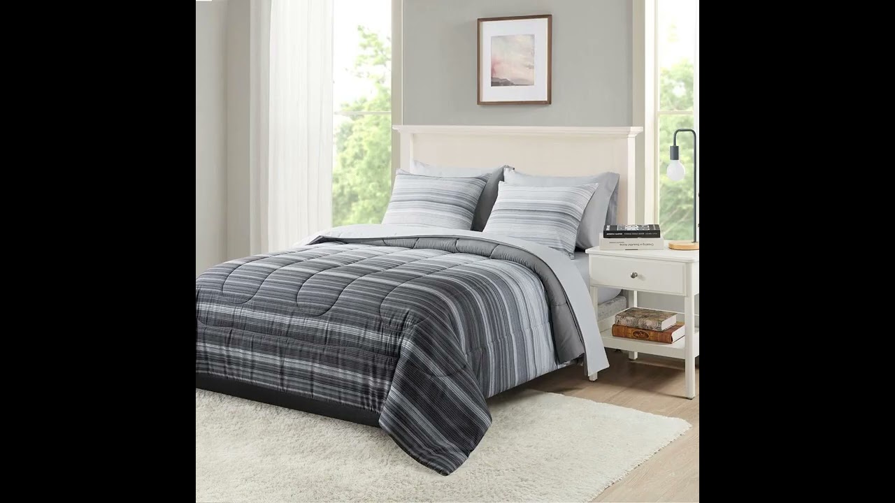 Mainstays Grey Ombre Stripe Bed in a Bag King Comforter Set Polyester Reversible