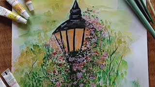 | Retro Lamp Post Drawing | Step By Step | With Water Colour | #youtubevideo #artwork #flower