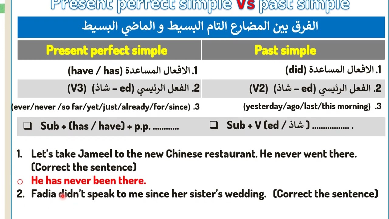 الفرق بين الماضي البسيط و المضارع التام البسيط سادس اعدادي