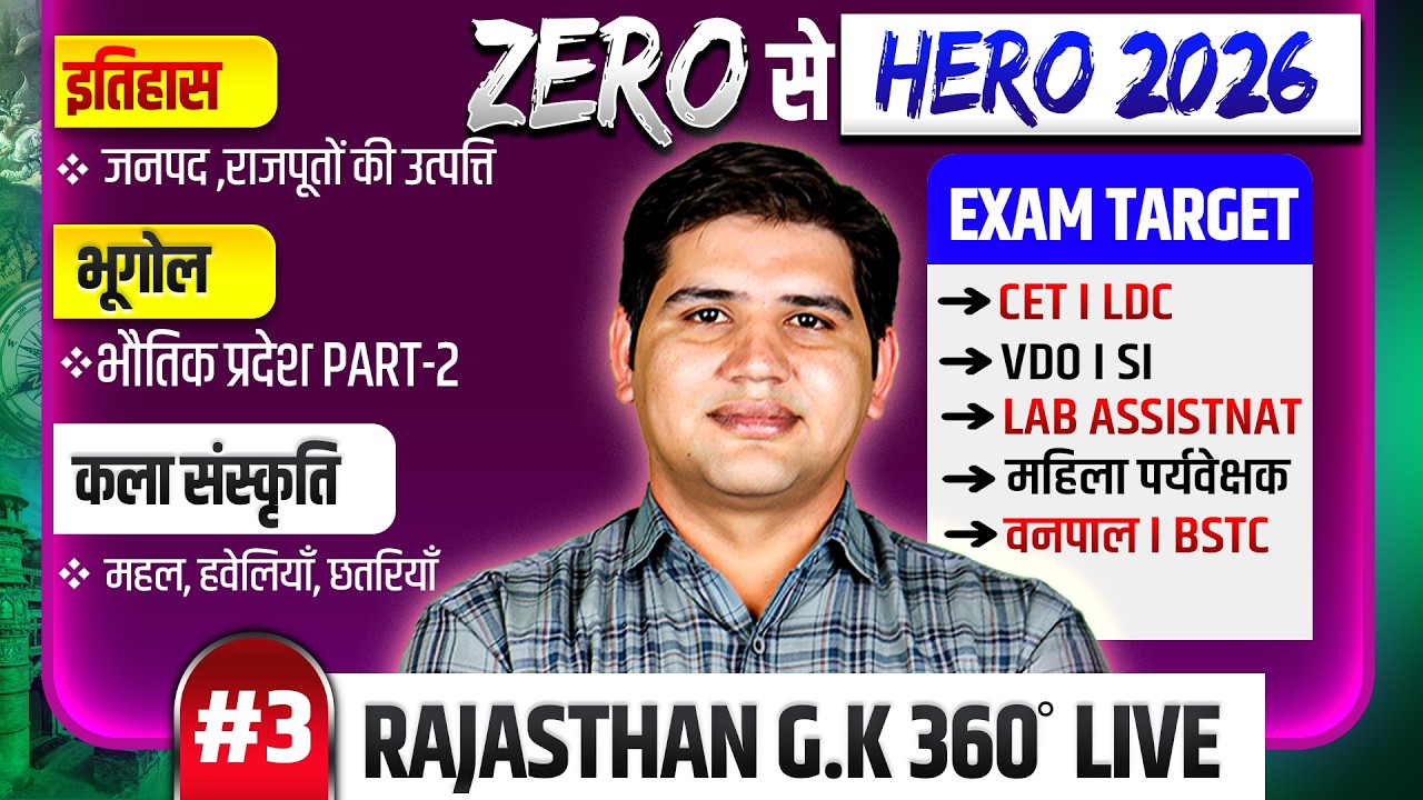 Rajasthan GK 2026 | राजपूतों की उत्पत्ति | महल, हवेलियाँ, छतरियाँ | भौतिक प्रदेश |CET LDC BSTC SI