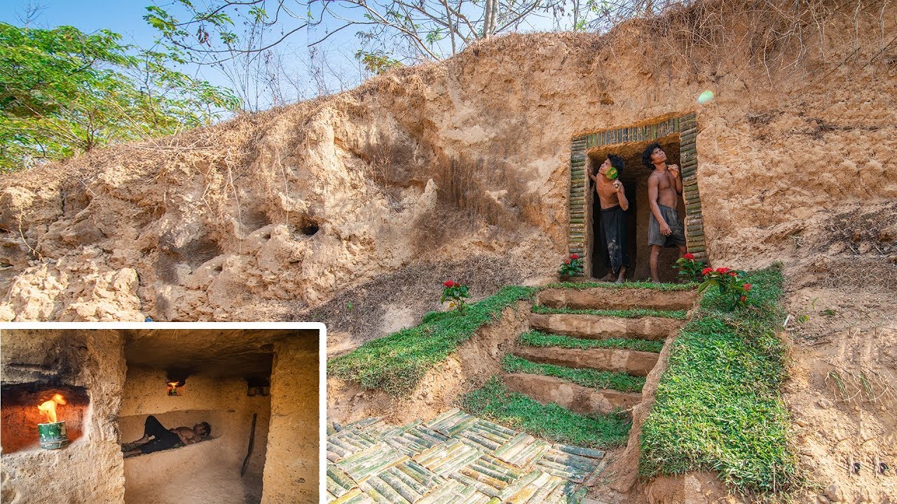 Dig the cliff to build secret hidden underground villa house