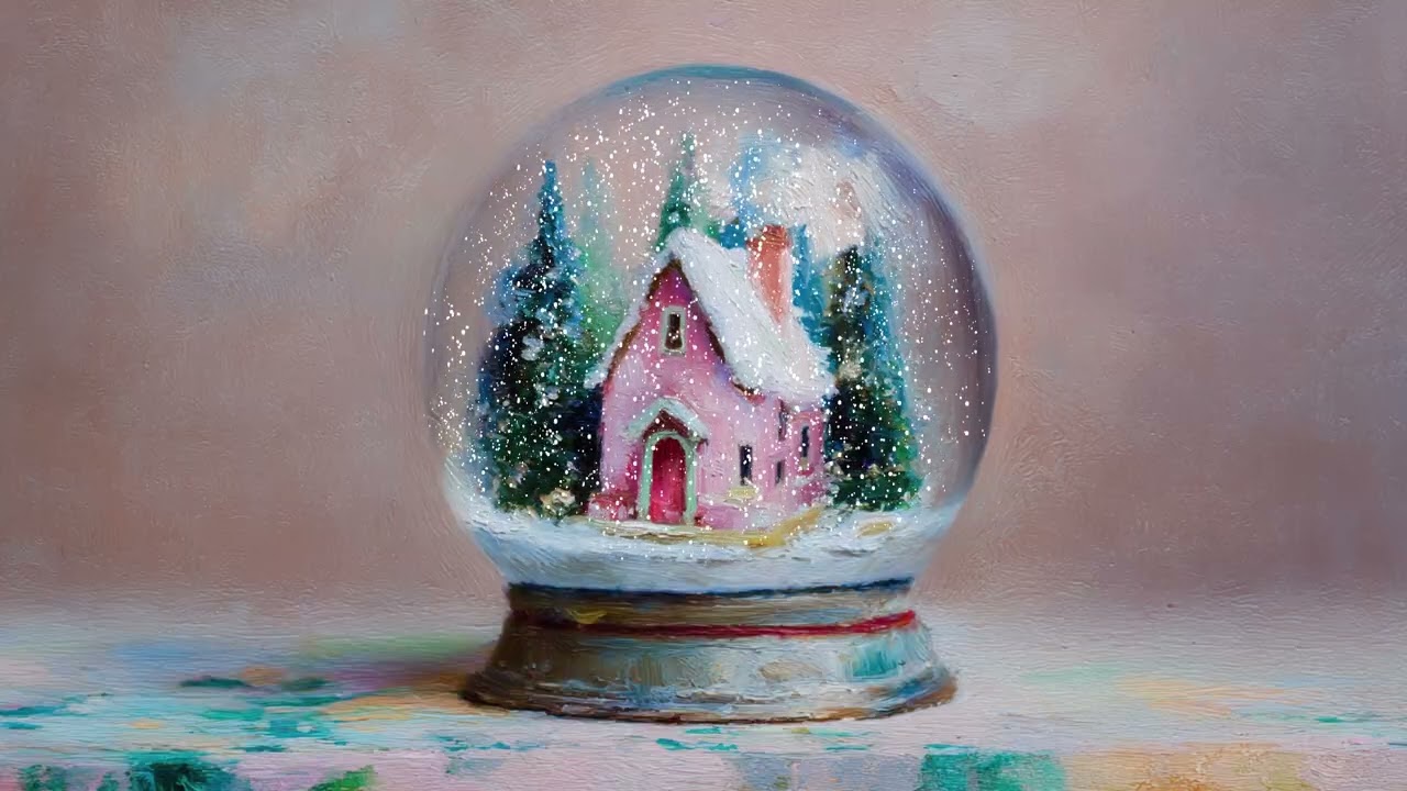 Pink Cottage Snow Globe Art II Silent Animated Christmas Screensaver ❄️🏠✨