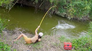 Amazing Hook Fishing. Beautiful Girl Fishing Big with Traditional Hook