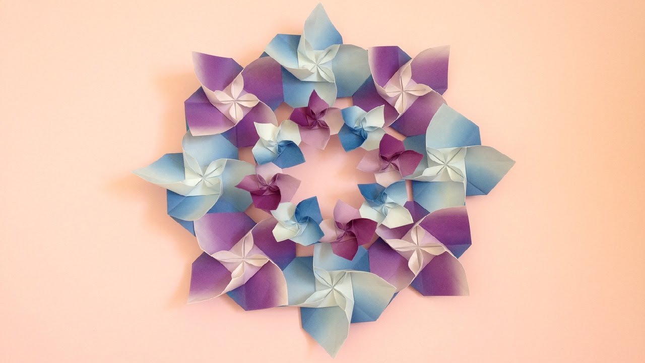 折り紙 あじさいの花のリース 折り方 Origami Hydrangea Flower Wreath Tutorial Niceno1 Youtube