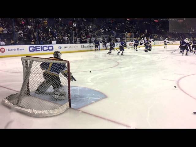 St. Louis Blues goalie Brian Elliott (1) during the NHL game between the St  Louis Blues and the Carolina Hurricanes at the PNC Arena. The St Louis Blues  defeated the Carolina Hurricanes