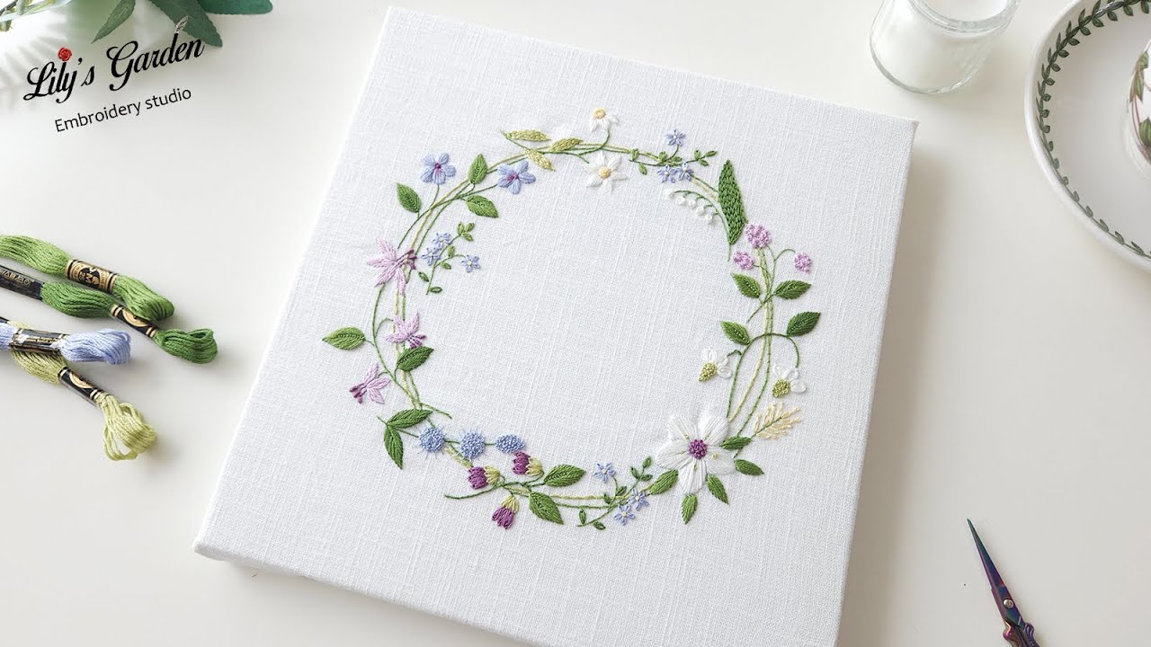 Eng sub [릴리스가든 프랑스자수 패키지] 11가지 야생화를 수놓은 꽃리스 액자 DIY, 11 wild flowers embroidery