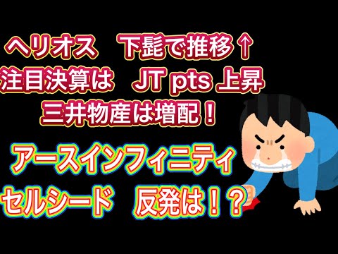 ヘリオス　下髭で推移↑【注目決算はJT pts 上昇•三井物産は増配】アースインフィニティ•セルシード反発は！？