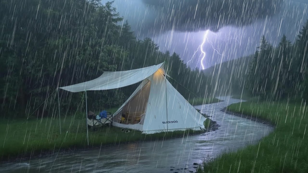 💯CAMPING IN SUPER HEAVY RAIN THUNDER AND FLOOD BY THE RIVER ⛈️ RELAXING ...
