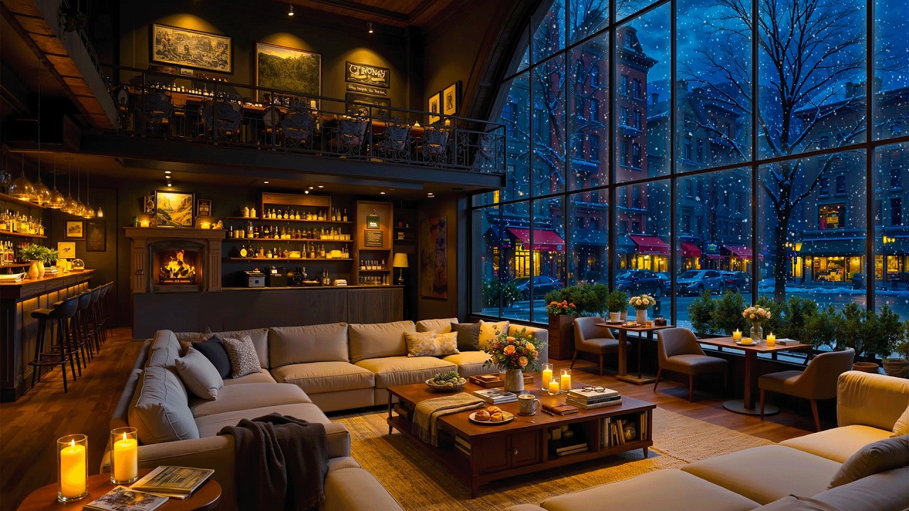 Jazz Relaxing Music to Study, Work ☕ Winter Cafe Ambience with Warm Jazz Instrumental & Snow Falling