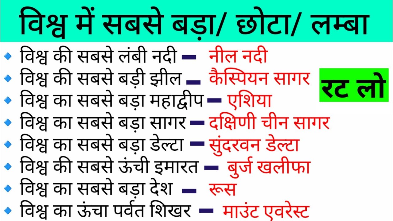 Vishva Mein Sabse Bada Uncha Lamba world the-largest-longest-biggest-highest-smallest-in-the-world-general
