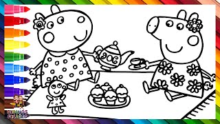 Dibuja y Colorea A Peppa Pig Y A La Oveja Suzy En Una Fiesta De Té 🐷🧸🫖🍵🧁🐑🌈 Dibujos Para Niños