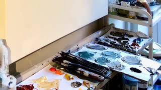 Painting in progress.. My studio set up and artistic process. Mark making with brush & palette knife