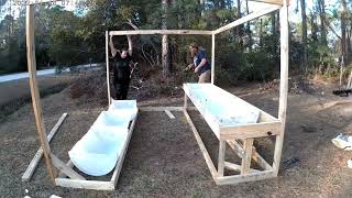 raised garden beds  55 gallon barrels! easy and efficient!  mind the volume chicken&tools are loud.