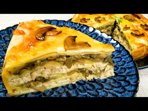 Блинный пирог с курицей, грибами и сыром. Сытная и аппетитная закуска