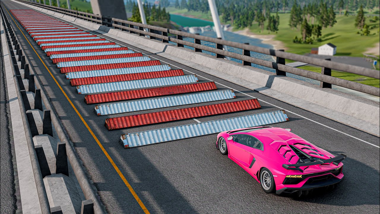 Cars vs 100 Container Speedbumps  Bridge  BeamNG Drive Challenge Ends in Total Destruction!