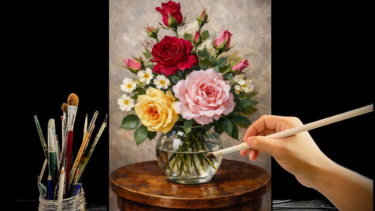 🎨 Painting Roses in a Glass Vase | Calm & Relaxing Acrylic Still Life | #165