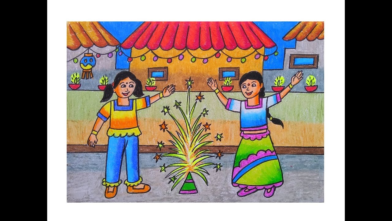 HOW TO DRAW INDIAN FESTIVAL MEMORY DRAWING| DIWALI SCENERY DRAWING ...