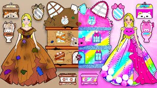 Paper Dolls Dress Up  Rainbow Rapunzel VS Poor Rapunzel Quietbook  Barbie's New Home Handmade