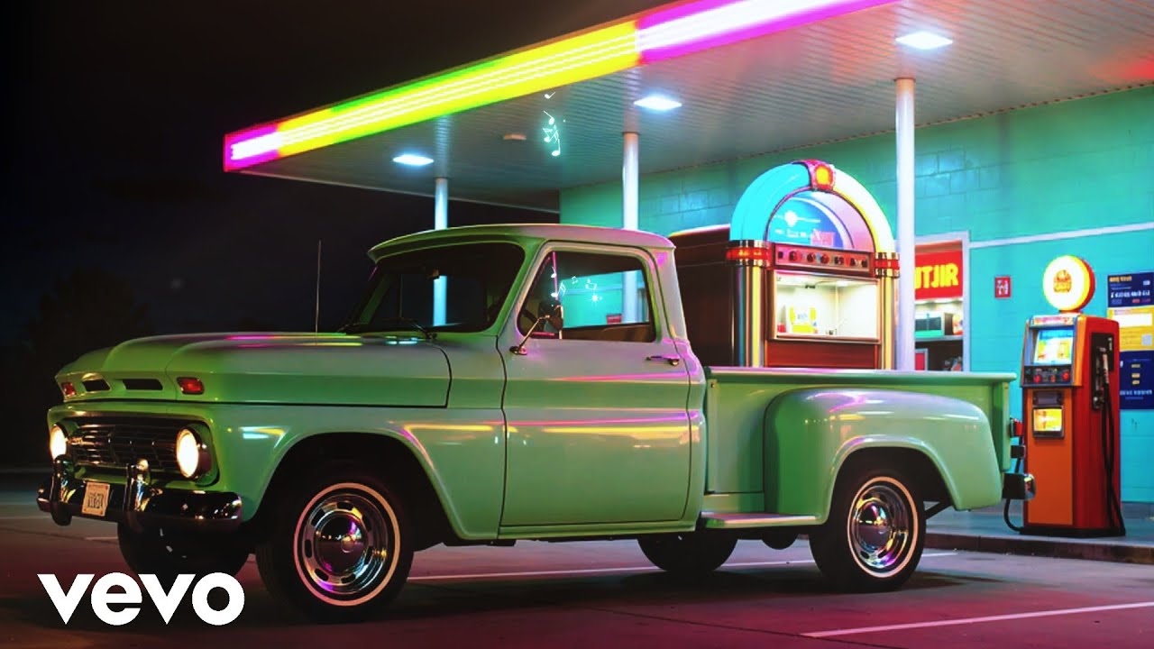 Retro Rockabilly Pickup Truck and Shining Jukebox | 1950s Rock’n’Roll Neon Lights and Chrome