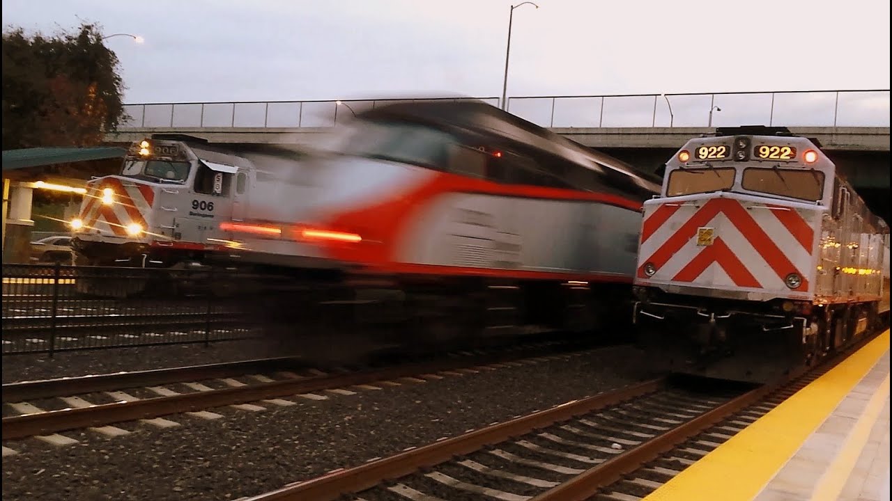 CALTRAIN 'Trifecta' Baby Bullet (MP36PH) meets and overtakes 2 regular services at Lawrence station