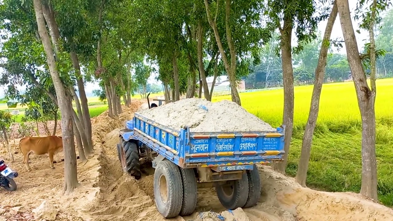 River sand is being loading into tractors by vehicles and unloading digitally to build new roads.
