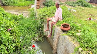 Fishing Video || Grandpa catches fish in the roadside canal using suitable bait and right technique