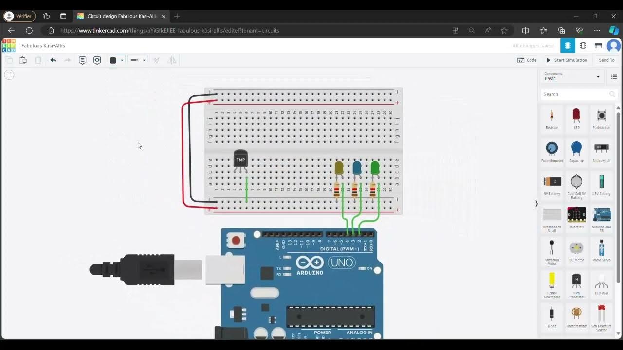 Tinkercad ,Circuit design ,Carte arduino /Temperature sensor /3 Led ...