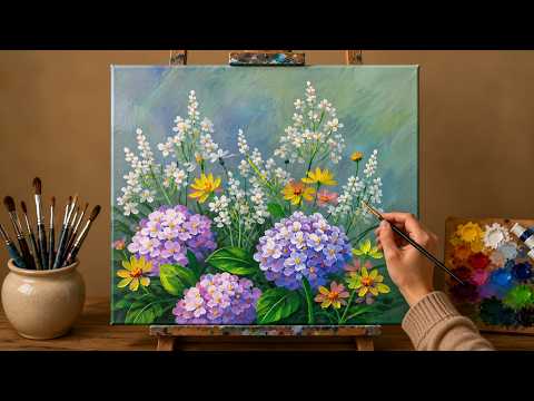 Easy Hydrangea & Wildflower Acrylic Painting | Beautiful Floral Tutorial for Beginners