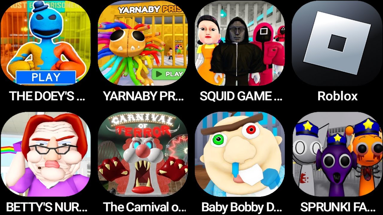 DOEY'S PRISON,YARNABY PRISON,SQUID GAME FAMILY,Roblox,Betty's Nursery!,The Carnival of Terror...