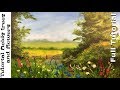 Acrylic Landscape Painting Tutorial fields trees and flowers