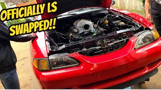 THE SWAP BEGINS! Ford Mustang LS Swap Part 1 ( Engine & Trans Installed)