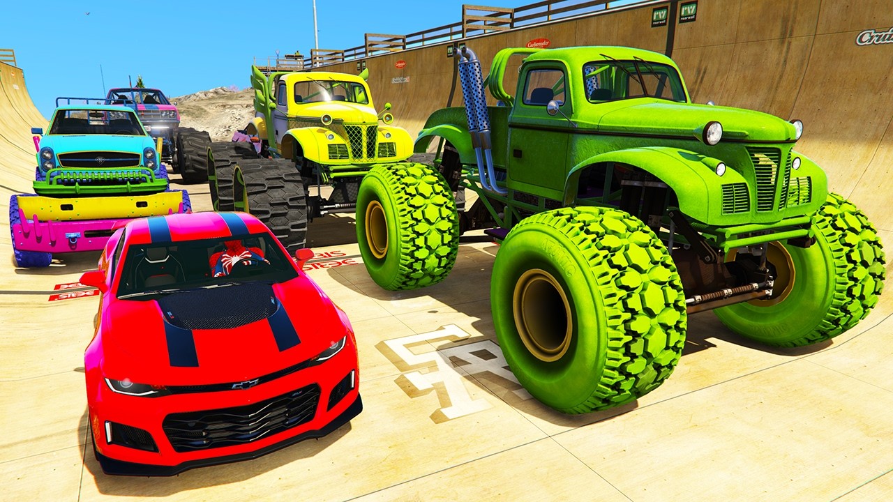 SPIDERMAN Cars Monster Trucks MEGA Ramp JUMP Challenge | Superheroes Hulk Goku Stunts Race - GTA V