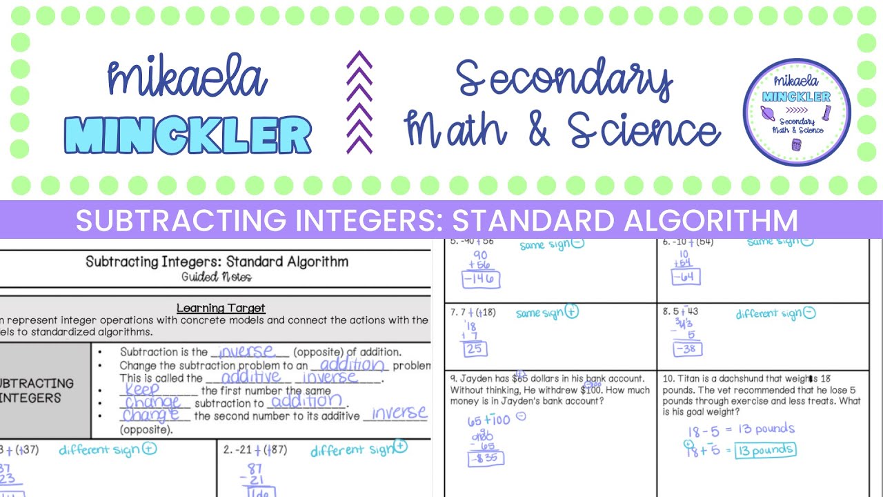 Subtracting Integers Standard Algorithm Guided Notes Lesson | 6th Grade ...