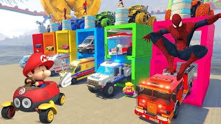 GTA V CARS LEGO POLICE CARS, AMBULANCE, FIRE TRUCK WITH SPIDERMAN AND MARİO FUNNY DRIVE E.P - 6